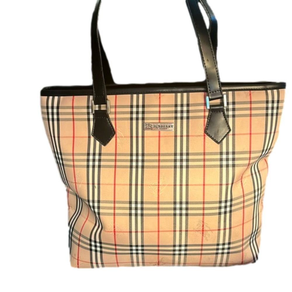 Burberry Tan Checkered Tote Bag